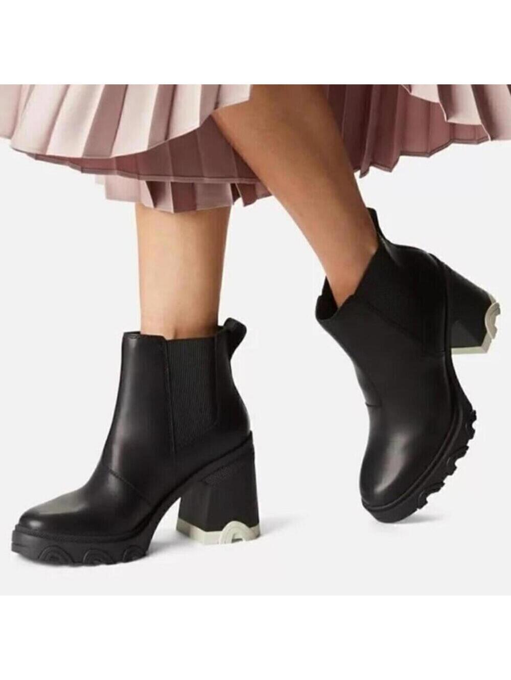 Sorel Womens 10 Black Leather Boots High Heel Chelsea Ankle Waterproof NEW